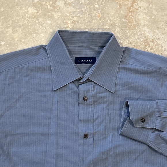 Canali Dress Shirt Mens 43-17 Blue Long Sleeve Button Cotton Italy Preppy Formal - Picture 1 of 10